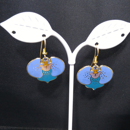 Vintage Laurel Burch "Aarin" Blue Floral Earrings, Gold Plated