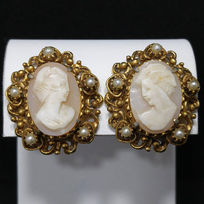Florenza Cameo Clip Earrings, Hand-carved Shell, Gold Plated, 1950s Vintage Jewelry