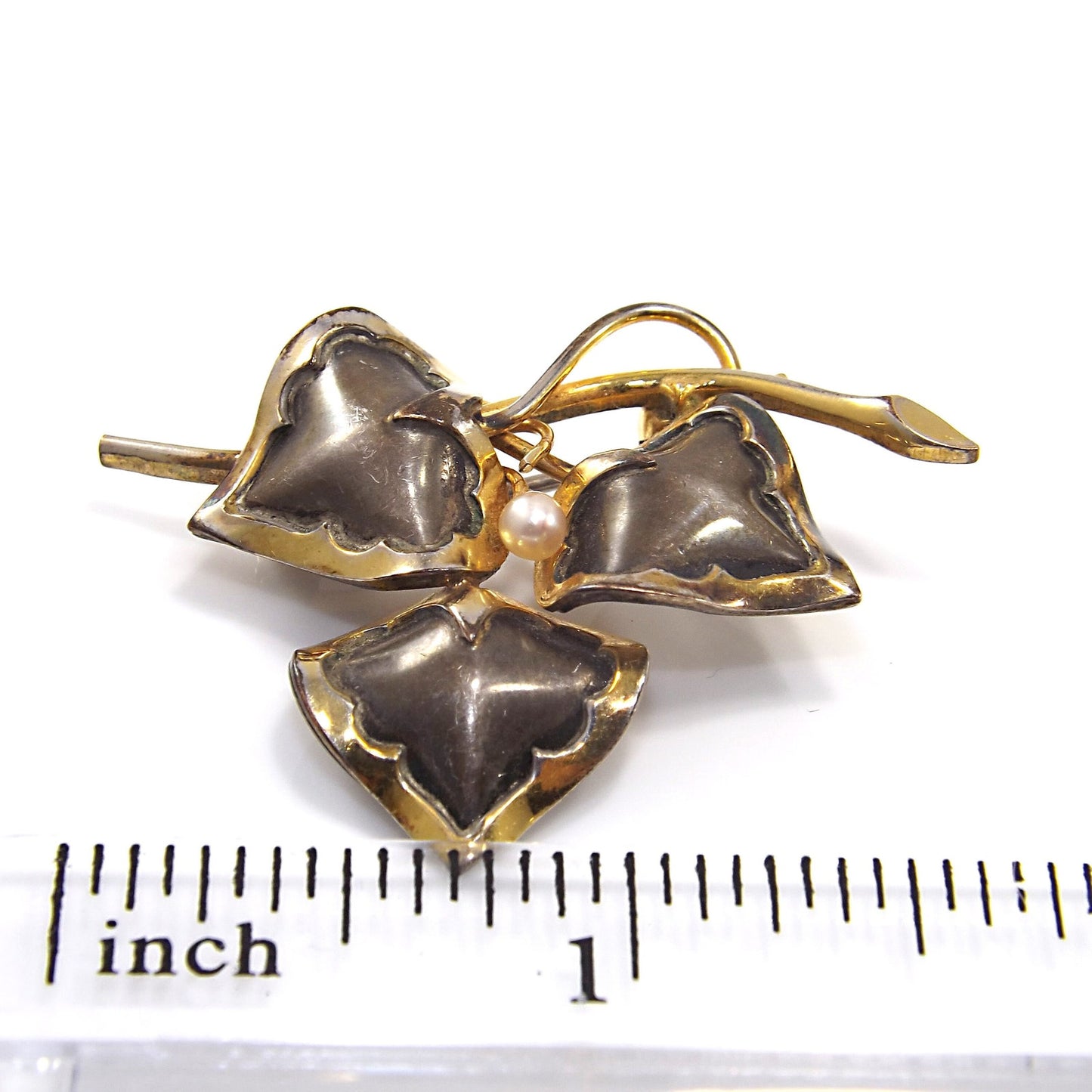 Vintage CREED Sterling Silver Floral Brooch with 12K GF & Pearl, Mid-Century