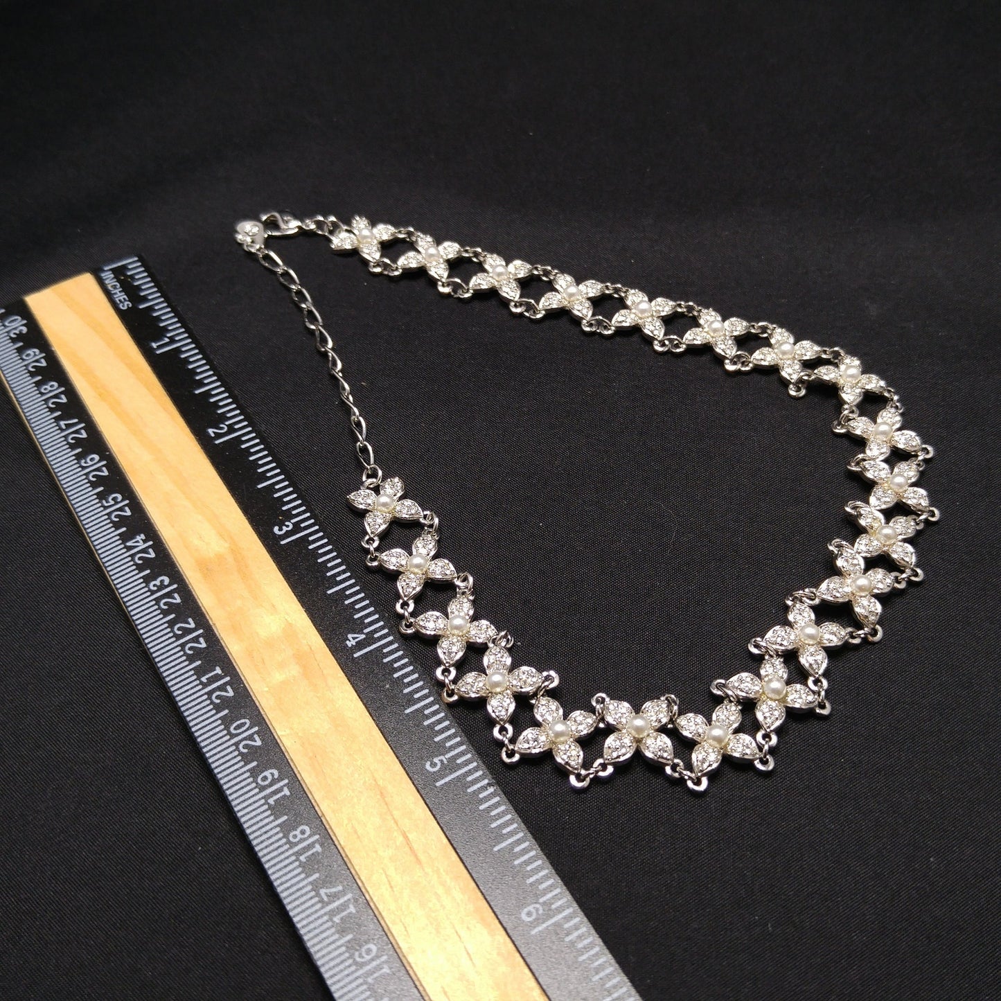 Vintage Swarovski Swan Logo Pearl Rhinestone Floral Choker Necklace 1990s