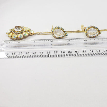 Vintage AB Pendant Necklace & Earrings, Rivoli Rhinestones, Gold Plated
