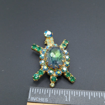 Vintage Turtle Brooch, Green Blue Aurora Borealis Rhinestones, Gold Plated, 1960s Vintage Jewelry