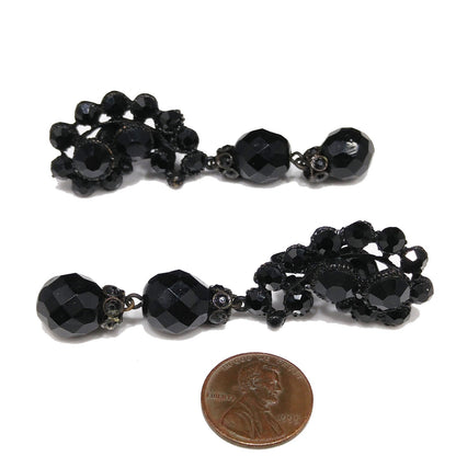 Vintage 1950s Japanned Black Crystal Rhinestone Drop Earrings