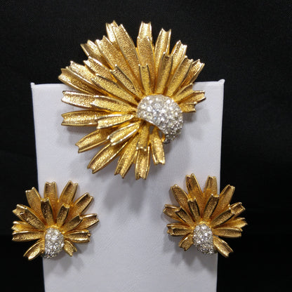 Jomaz Gold Plated Brooch & Earrings, Pave Rhinestones, Joseph Mazer Co, 1960s Vintage Jewelry