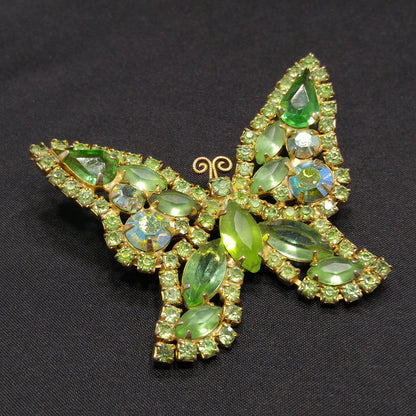 Weiss Peridot Green Rhinestone Butterfly Brooch, Gold Plated, 1950s Vintage Jewelry