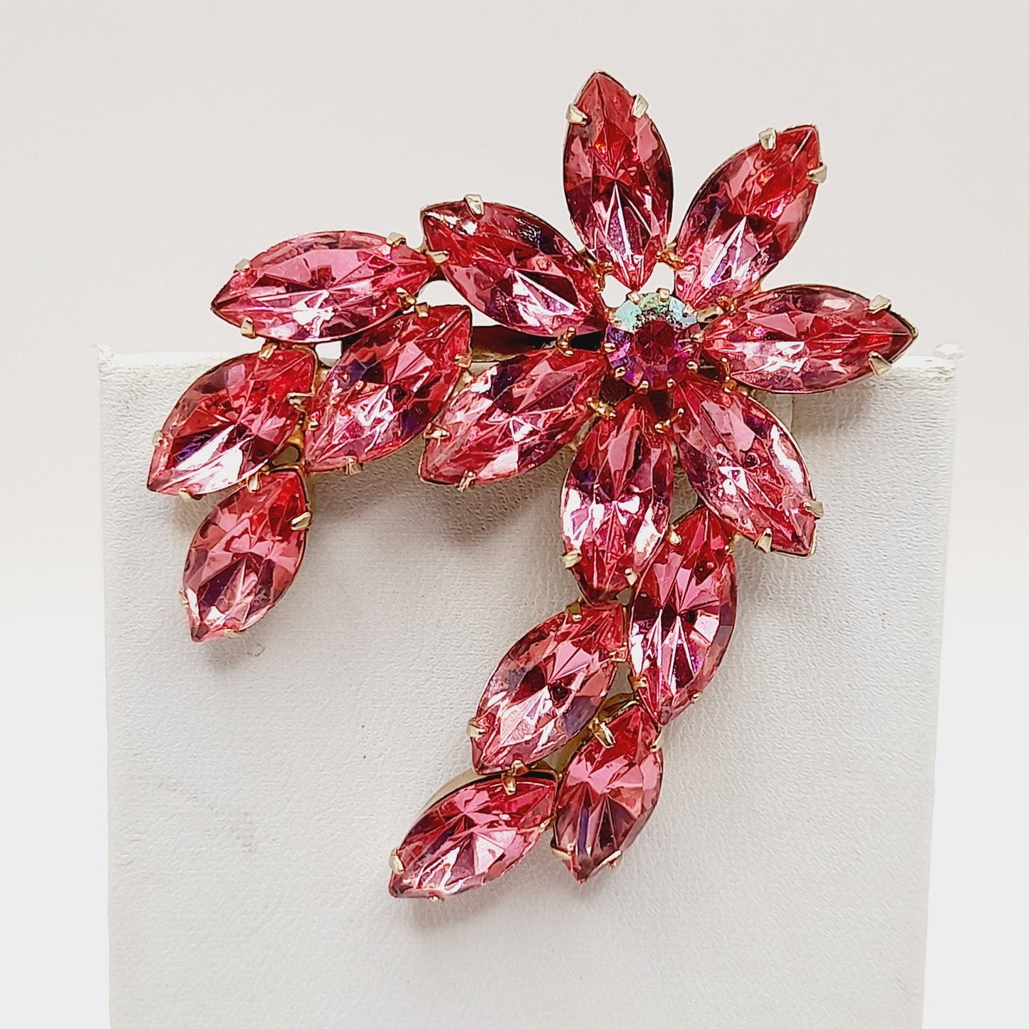 Vintage Pink Rhinestone Floral Brooch, Marquise Stones, 1950s Jewelry