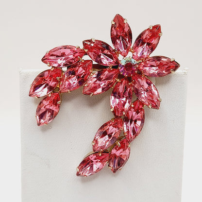 Vintage Pink Rhinestone Floral Brooch, Marquise Stones, 1950s Jewelry