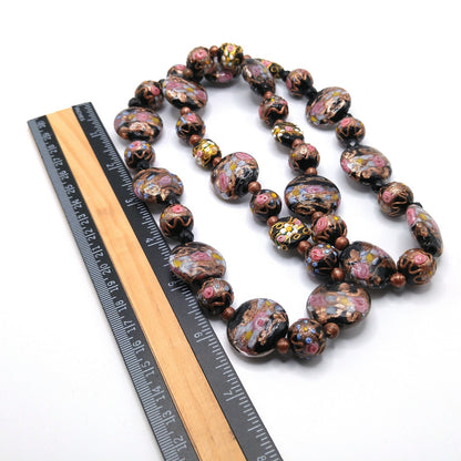 1940s Wedding Cake Murano Venetian Glass Bead Necklace Black Pink Gold 30”