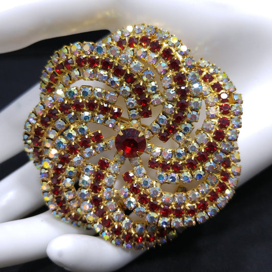 Vintage Pinwheel Rhinestones Brooch, AB Clear Red Rhinestones, Gold Plated, 1960s