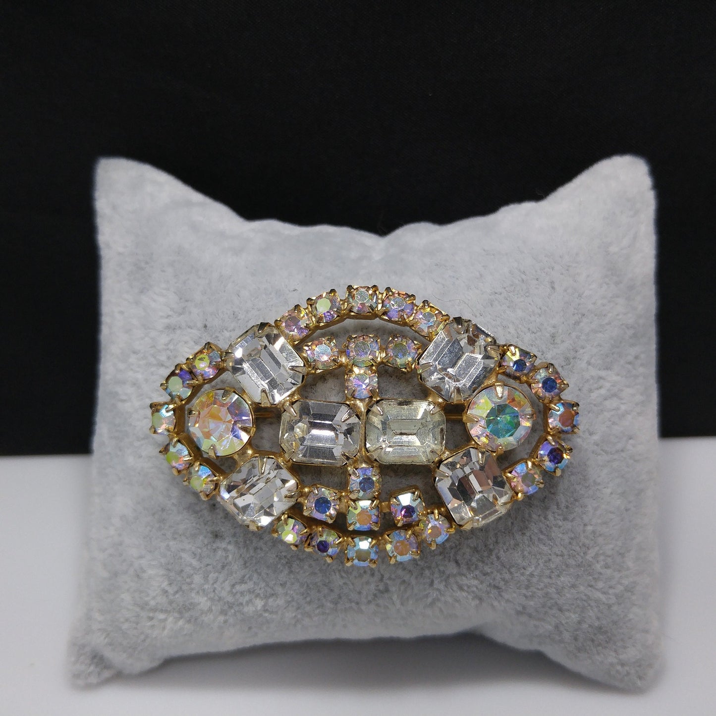 Clear Aurora Borealis Brooch, Gold Plated, 1960s Vintage Jewelry