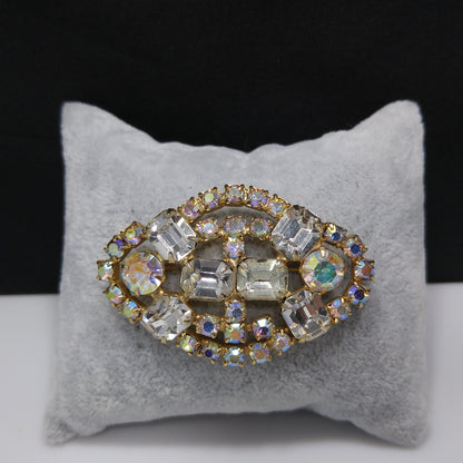 Clear Aurora Borealis Brooch, Gold Plated, 1960s Vintage Jewelry
