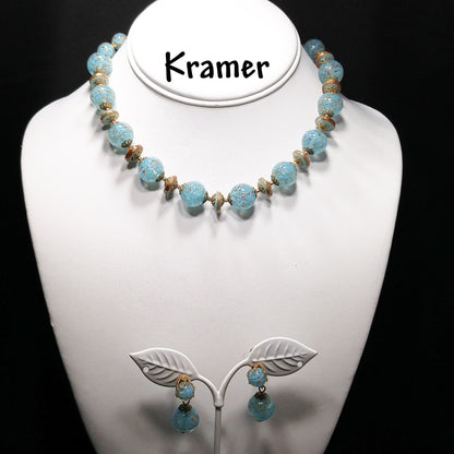 Kramer Turquoise Gold Beaded Necklace & Earrings Set, Gold Glitter Murano Glass