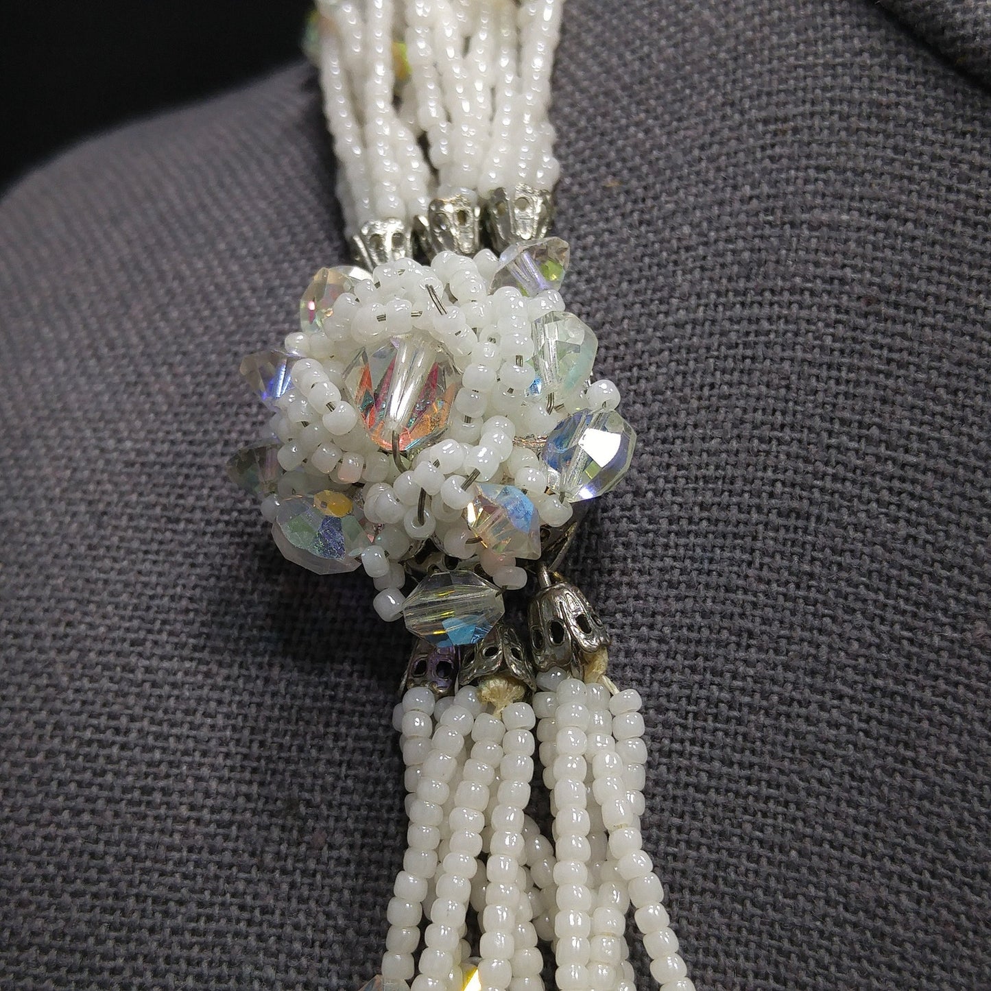 Vendome 1960s AB Crystal White Seed Bead Necklace Earrings Set Vintage