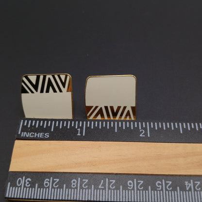 Vintage Laurel Burch "Naito" Geometric Post Earrings, Cream Enamel, Gold Plate