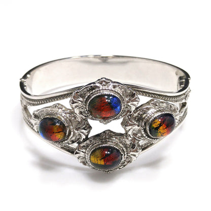 Whiting & Davis Cuff Bracelet, Gold Foil Rainbow Cabochons, Rhodium Plated, 1970s Vintage Jewelry