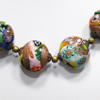 Italian Millefiori Venetian Glass Necklace & Earrings, Aventurine Glitter Beads