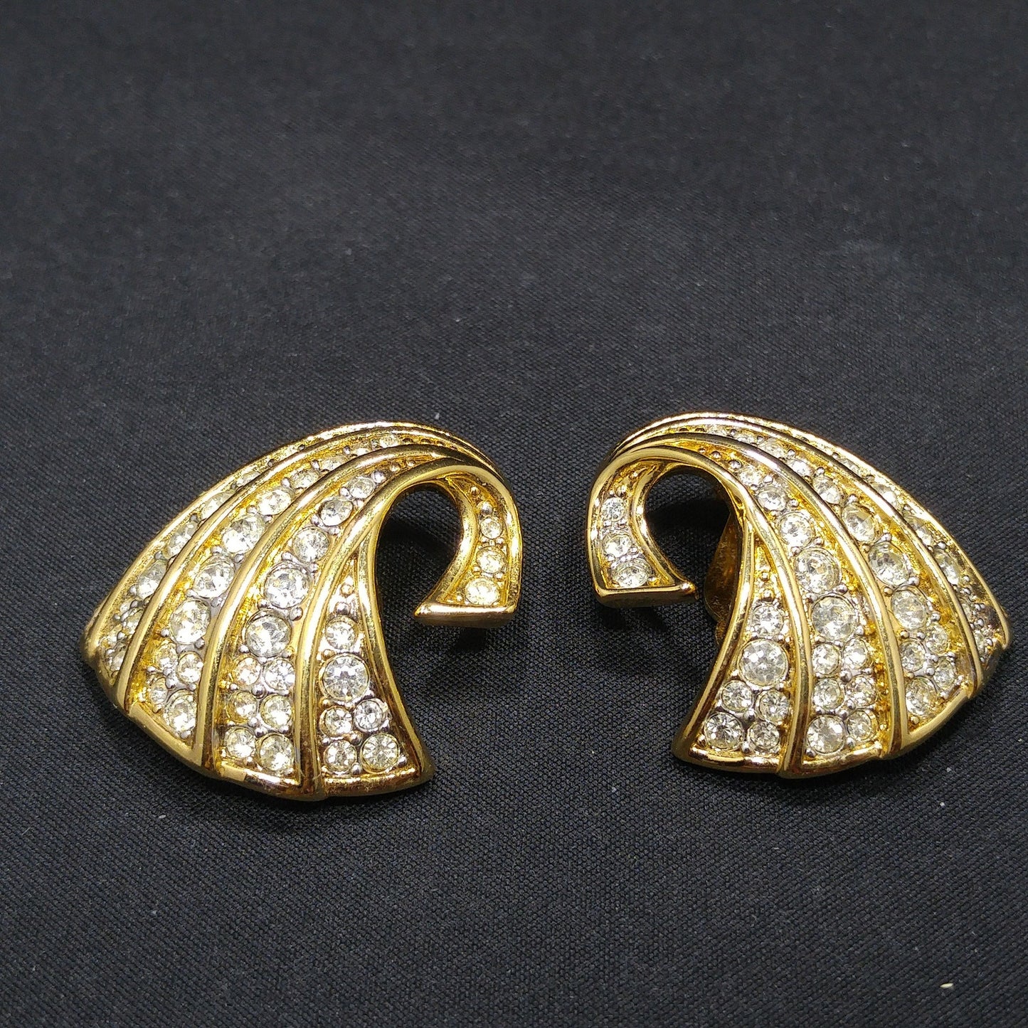 Nina Ricci Gold Plated Earrings, Pave Clear Rhinestones, 1960s Vintage Jewelry