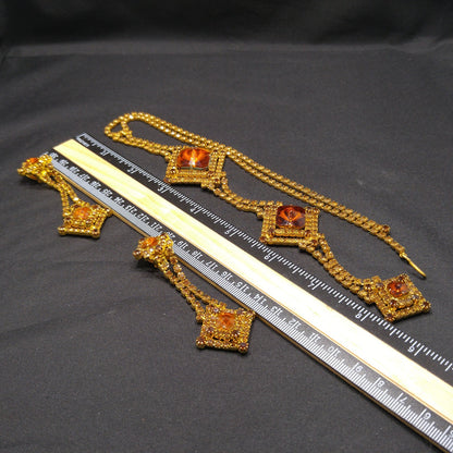 Topaz Glass Rhinestones Long Necklace Earrings, Rivoli Rhinestones, Gold Plated, 1960s Vintage Jewelry