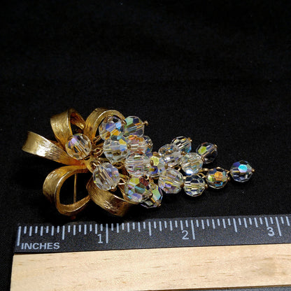 Crystal Beaded Grape Cluster Brooch, Gold Plated Bow, 1960s Vintage Jewelry
