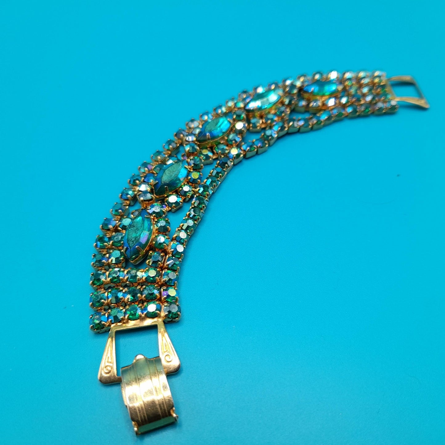 Green Blue Aurora Borealis Rhinestone Bracelet, Gold Plated, 1960s Vintage Jewelry