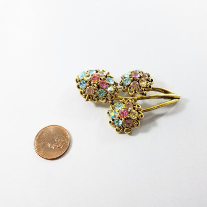 Hollycraft Pastel Rhinestone Floral Brooch, Gold Tone Flower Pin, 1960s Vintage Jewelry