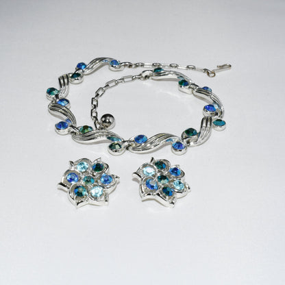 Blue Aurora Borealis Rhinestone Choker Necklace Earrings, Rhodium Plated, 1950s Vintage Jewelry