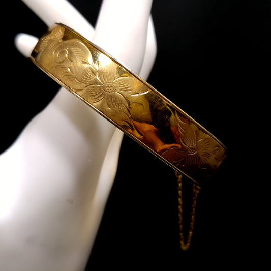 Victorian 12 KT Gold Filled Bracelet, Safety Chain, Floral Embossed, 1930s Vintage Jewelry