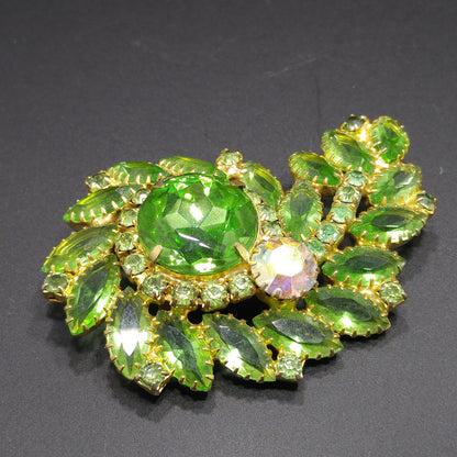 Peridot Green Floral Spray Brooch, Large Green Rhinestone, 1960s Vintage Jewelry