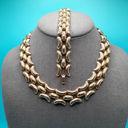 Vintage Krementz Gold Plated Bracelet Necklace Jewelry Set, Mid-Century