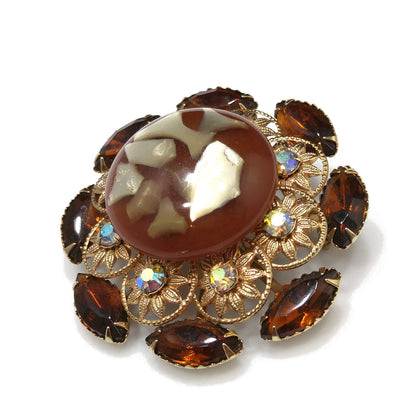 Judy Lee Lucite Flower Brooch, Aurora Borealis Rhinestones, 1960s Vintage Jewelry