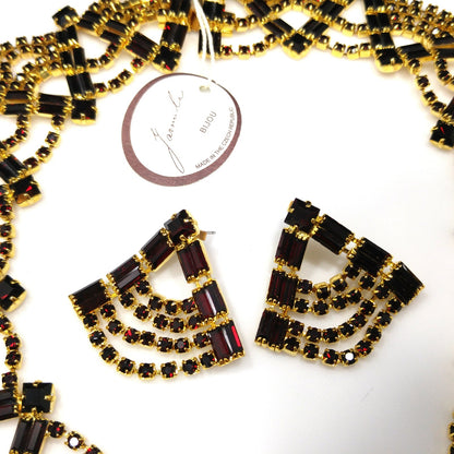 Czech Republic Garnet Red Rhinestone Necklace Bracelet Earrings, Gold Plated, 1990s Vintage Jewelry