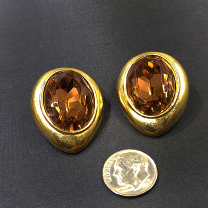 Ciner Large Topaz Rhinestone Earrings, Gold Plated, 1980s Vintage Jewelry