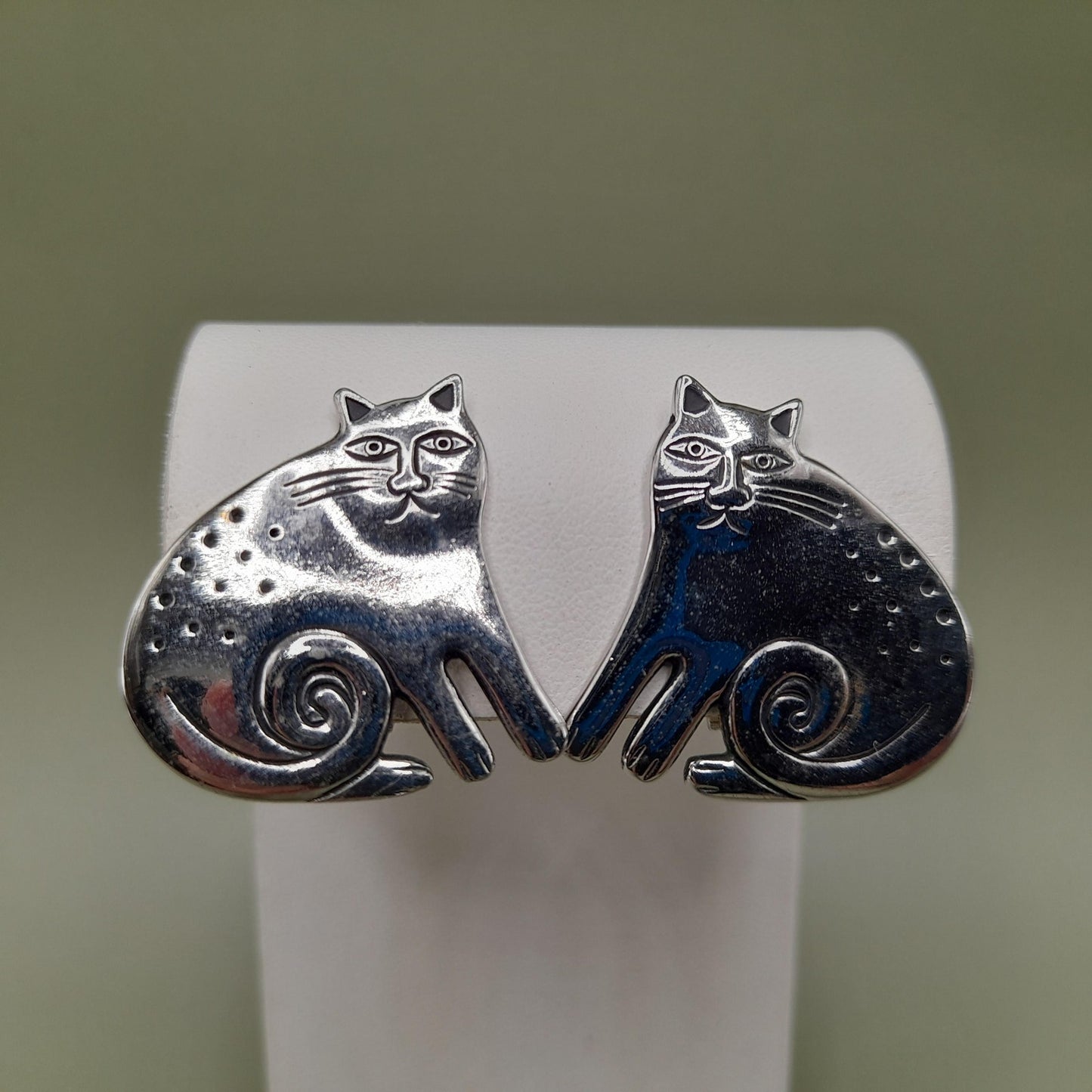Vintage Laurel Burch Keshire Cat Clip Earrings, Rhodium Plated