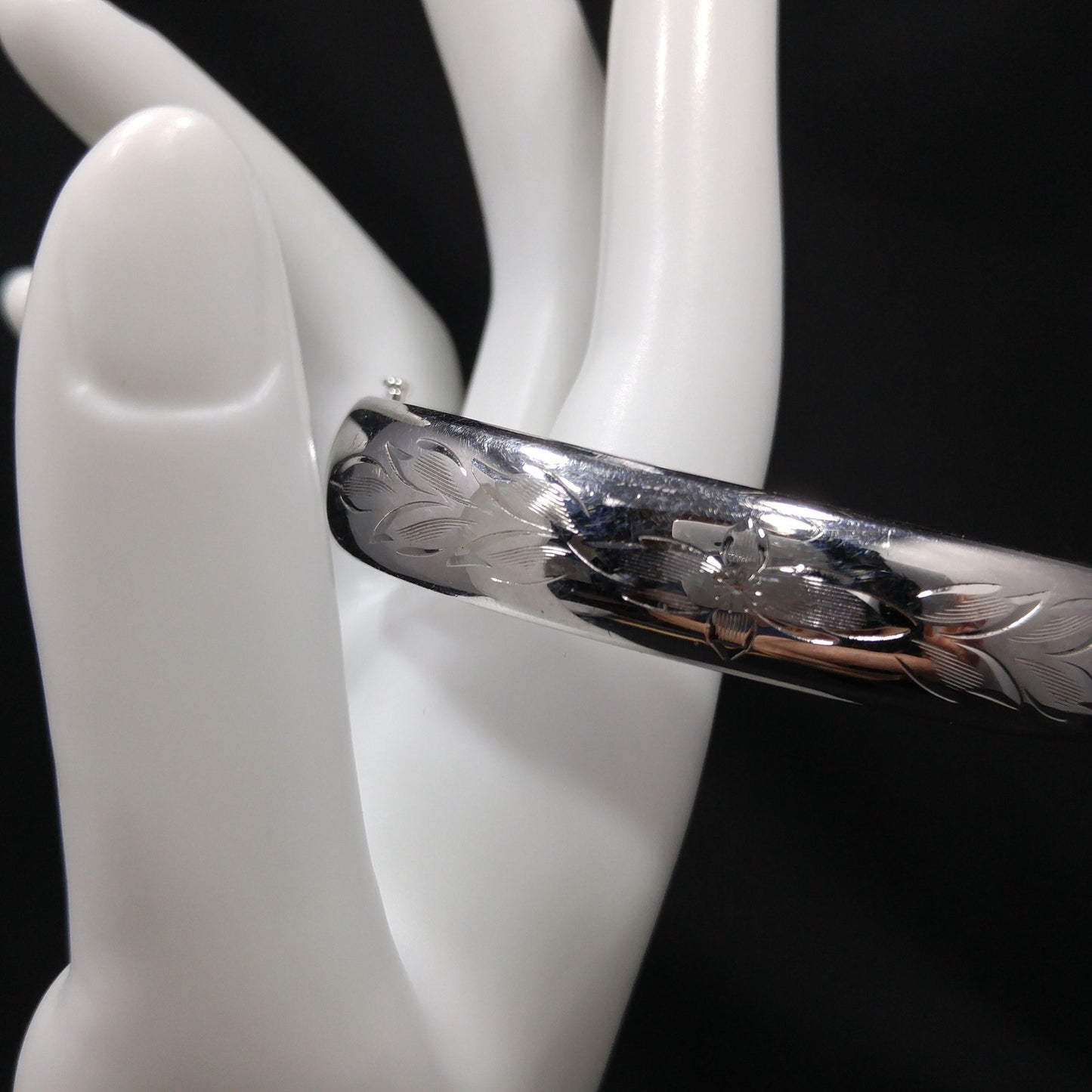 Sterling Silver H.F.B. Hinged Bracelet, Floral Design, 1940s Vintage Jewelry