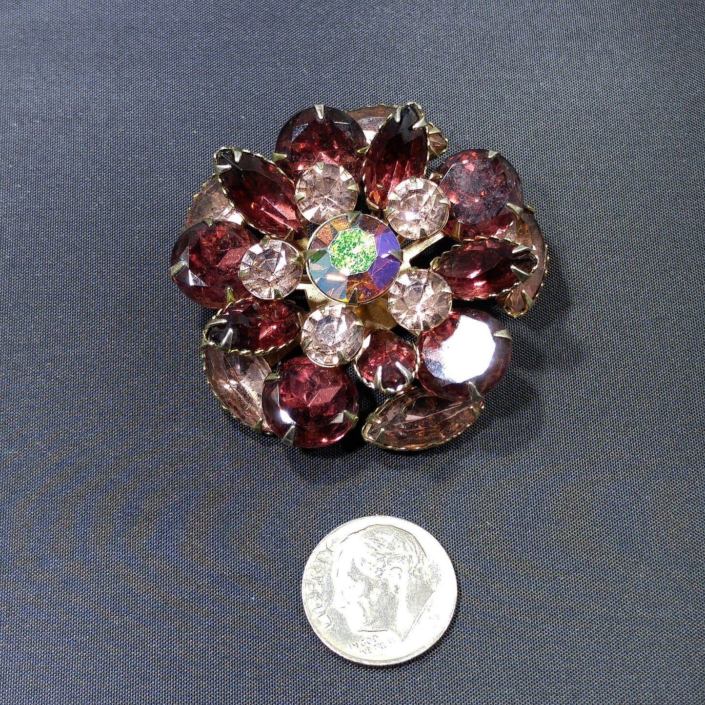 Purple & Lavender Floral Brooch, Aurora Borealis Center, 1950s Vintage Jewelry