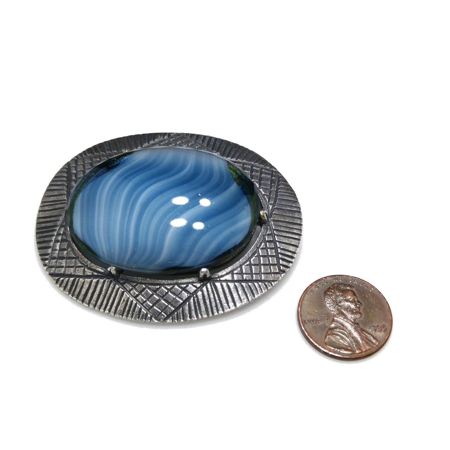 Corocraft Blue Art Glass Brooch, Silver Etched Frame, 1940s Vintage Jewelry