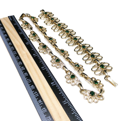 Green Rhinestone Necklace & Bracelet Set, Gold Tone, 1950s Vintage Jewelry