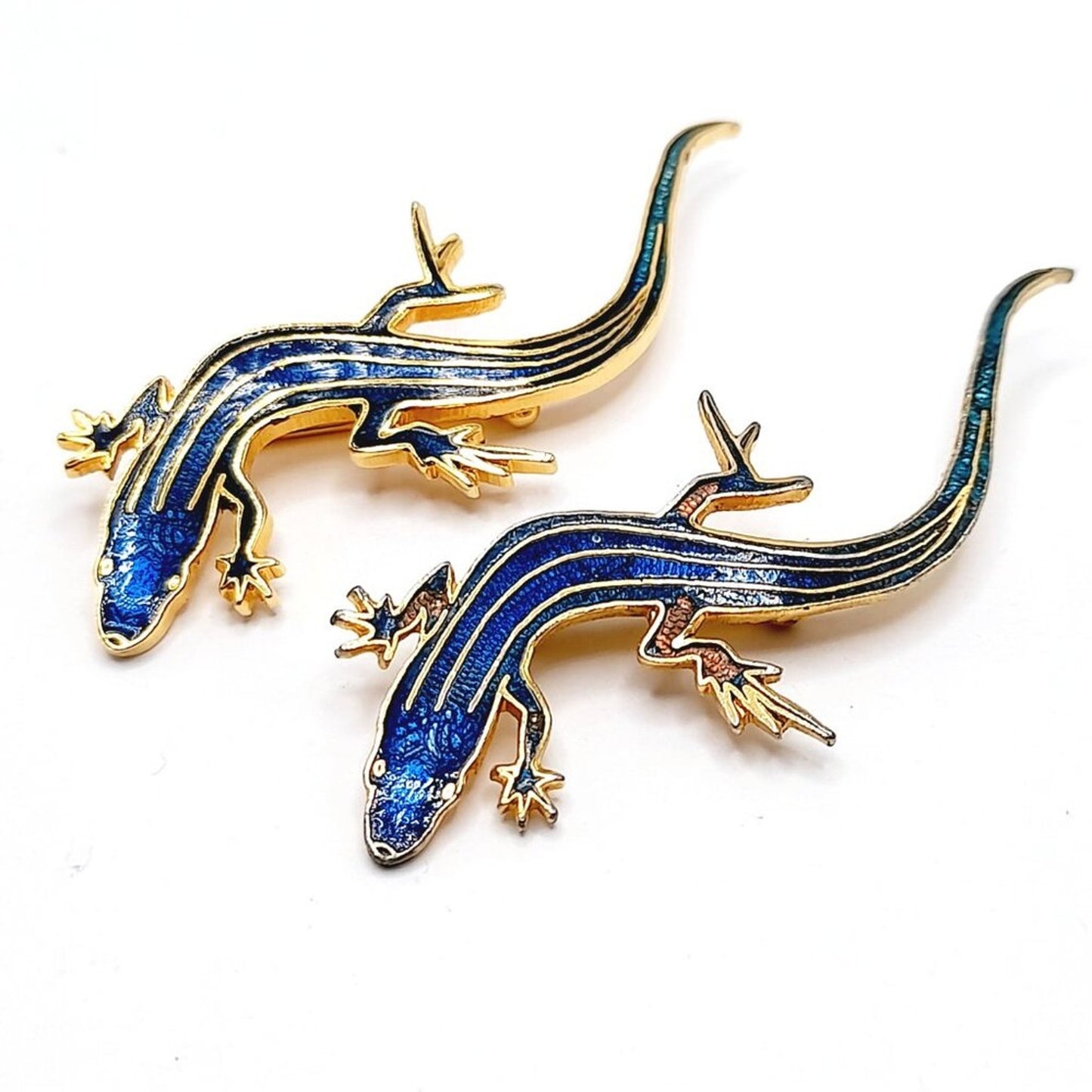 Vintage Blue Enamel Lizards Brooches - Pair - Signed Wm Spear 1986 - 2 3/8 Inch