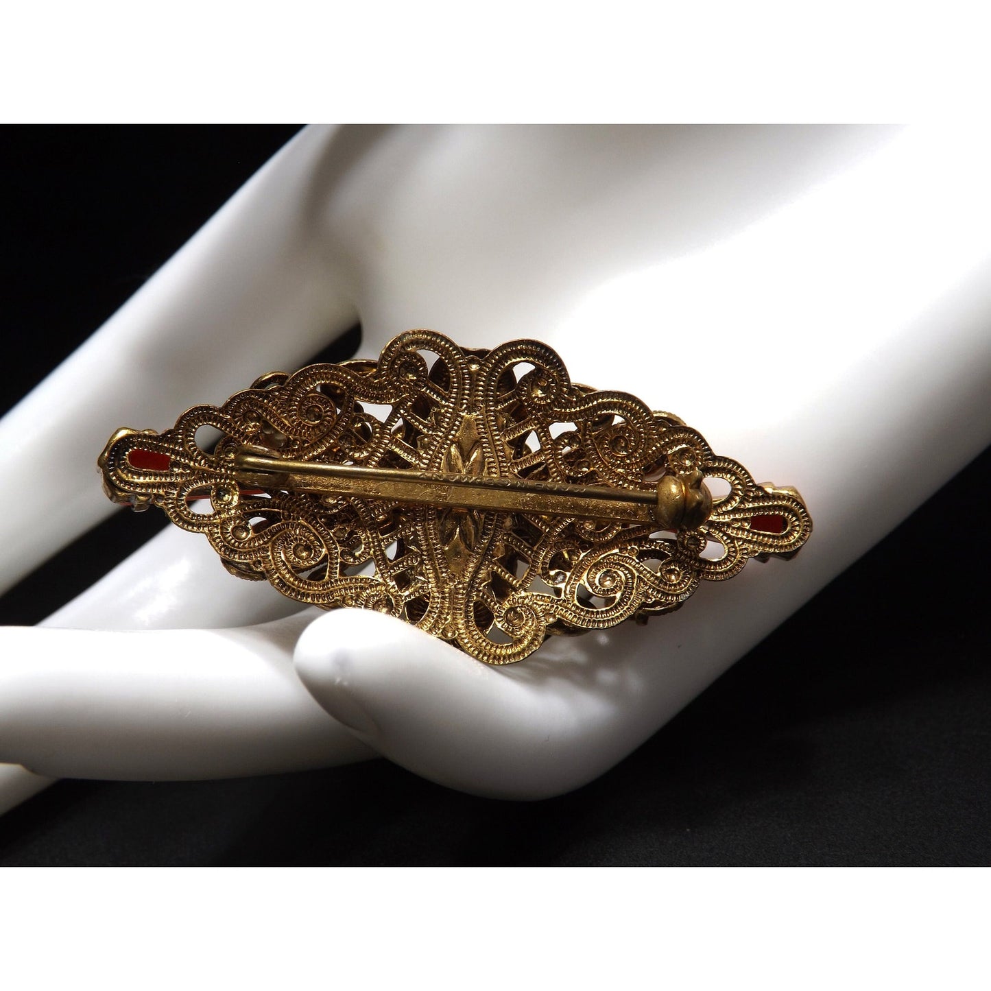 Germany Orange Art Glass Filigree Brooch, Faux Pearls, White Enamel, 1940s Vintage Jewelry