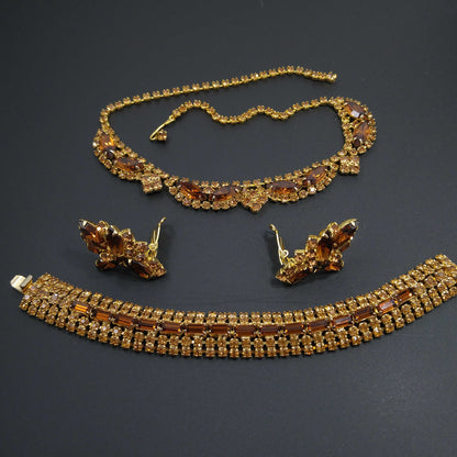 Vintage Rhinestone Jewelry Set: Necklace Bracelet Earrings,  1960s