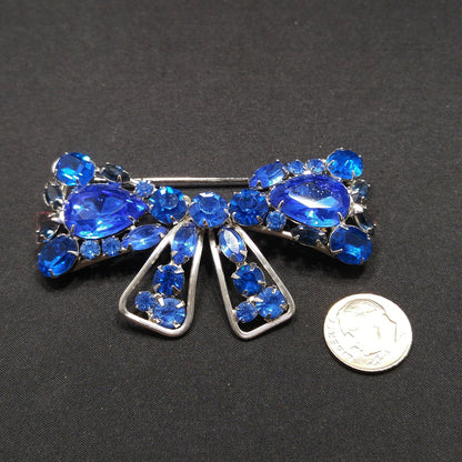 Weiss Blue Rhinestone Bow Brooch, Rhodium Plated, 1960s Vintage Jewelry