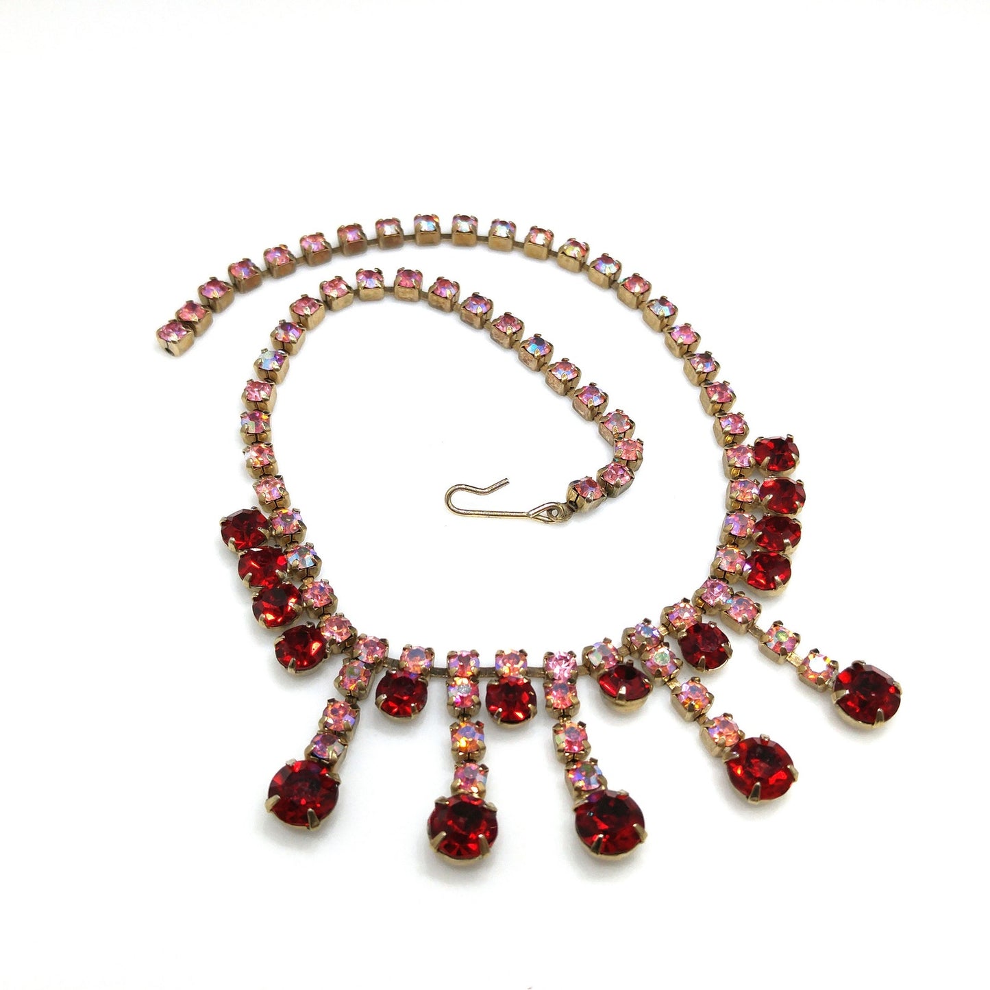 Vintage 1950s Red & Pink AB Rhinestone Choker Necklace Gold Tone 14.5"
