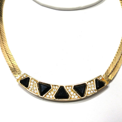 Vintage Christian Dior Black Crystal Geometric Necklace, Clear Rhinestones, Gold Plated