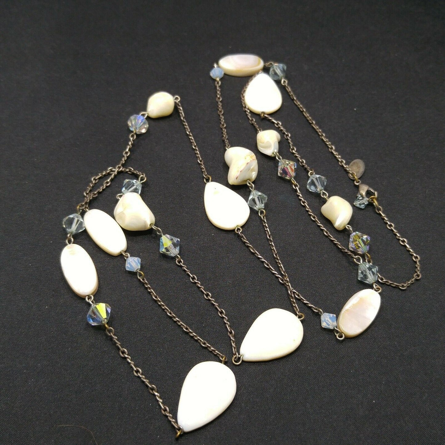 Liz Palacios S.F. White Shell & Crystal Long Necklace, 42 Inch Layering Necklace, Vintage Jewelry