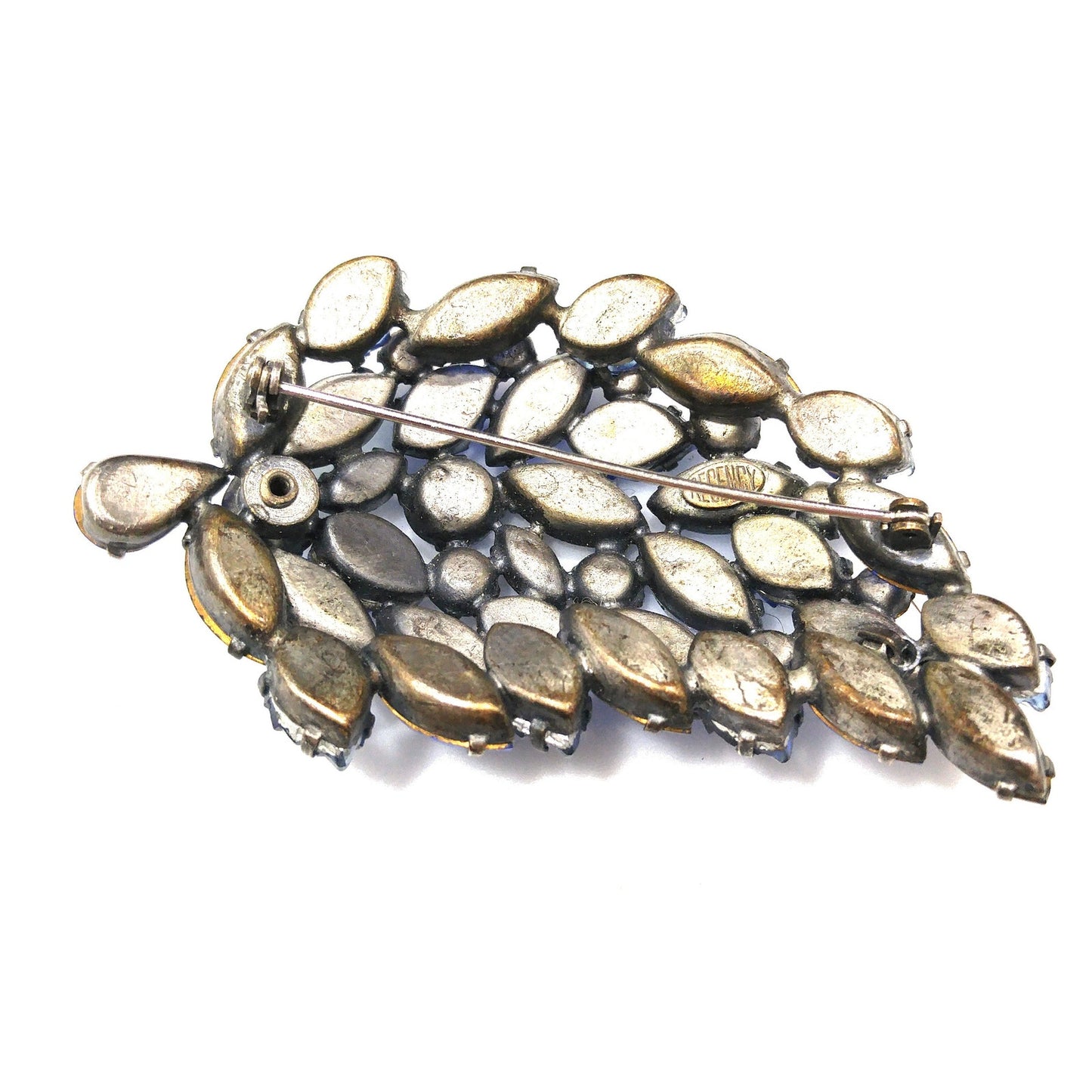 Regency 1950s Blue Rhinestone Brooch Earrings Set Art Glass Leaf Vintage