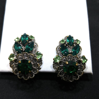 Western Germany Green Filigree Clip Earrings, Light Dark Green Rhinestones, 1950s Vintage Jewelry