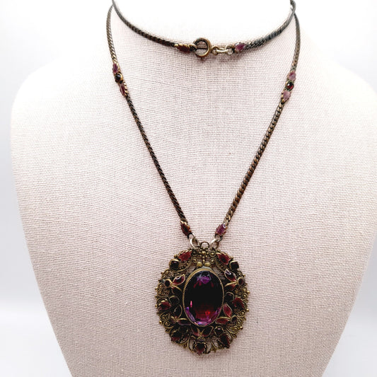 Antique Victorian Purple Glass Enamel Filigree Pendant Necklace, 27 Inches