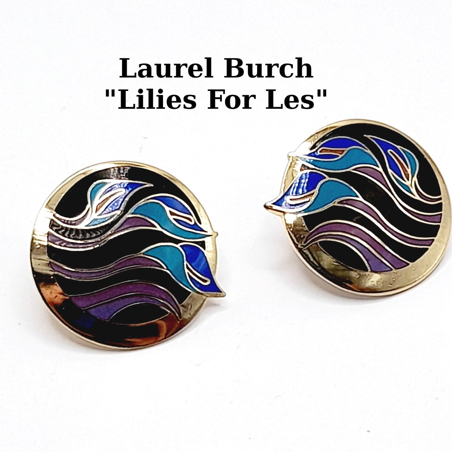 Vintage Laurel Burch "Lilies for Les" Post Earrings - Purple Blue Enamel - Gold Plated - 1 Inch