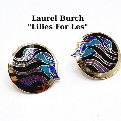 Vintage Laurel Burch "Lilies for Les" Post Earrings - Purple Blue Enamel - Gold Plated - 1 Inch