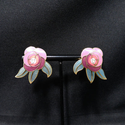 Laurel Burch "Deco Rose" Clip On Earrings, Pink Red Green Enamel, Gold Plated